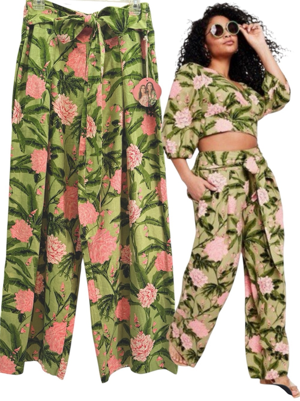 NEW Agua Bendita x Target Olive Pink Peony Print Wide Leg Sash Pants Size Large